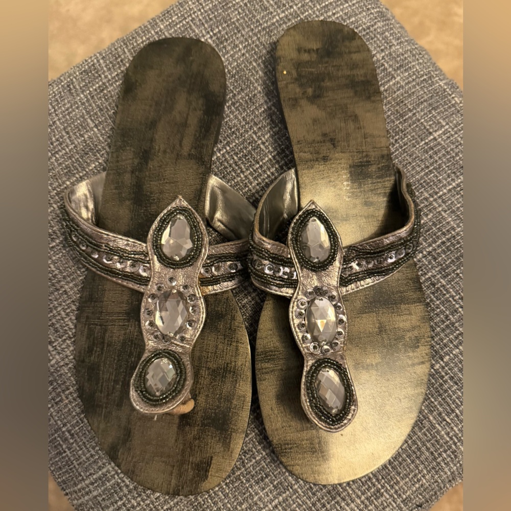 Embellished Black Beaded Women's Thong Sandals